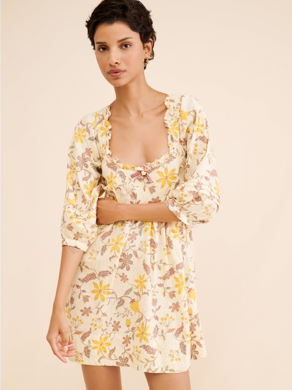 Free People Lola Yellow Floral Square-Neck Mini Dress with Brown Accents Large